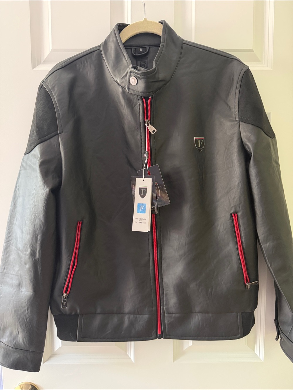 Ferrari Black Leather Bomber Jacket with Red Zip Trim NWT Vegan leather